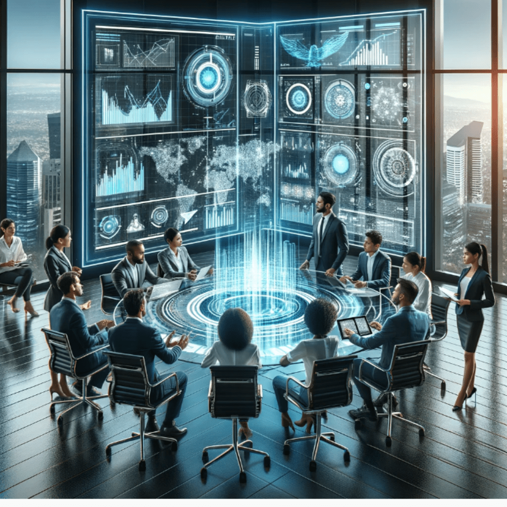 The image depicts a futuristic office environment, emphasizing the synergy between technology and teamwork in the context of AI and Master Data Management.